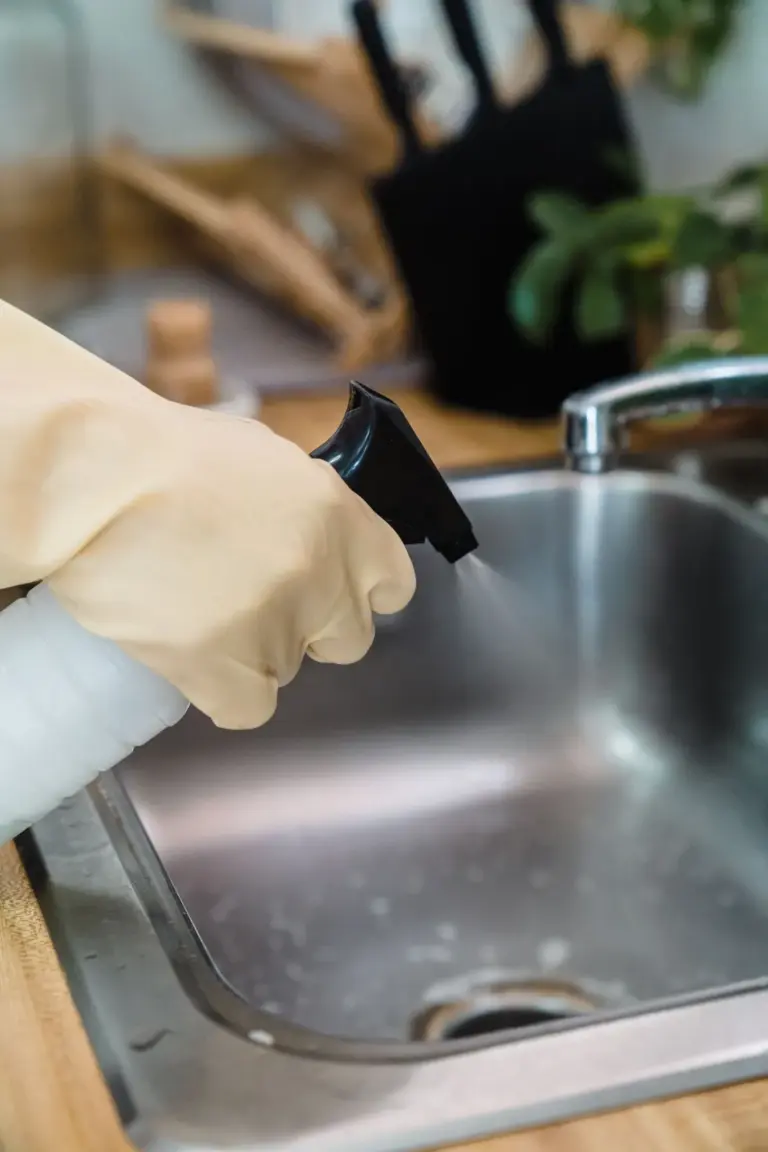Gloved hand spraying a stainless steel kitchen sink